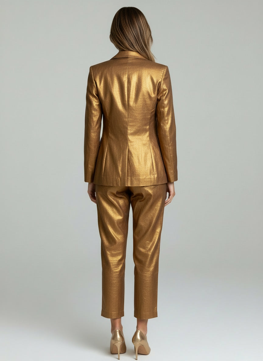 Women Metallic Gold Blazer & Pant Co-Ord Set – Party & Formal Wear