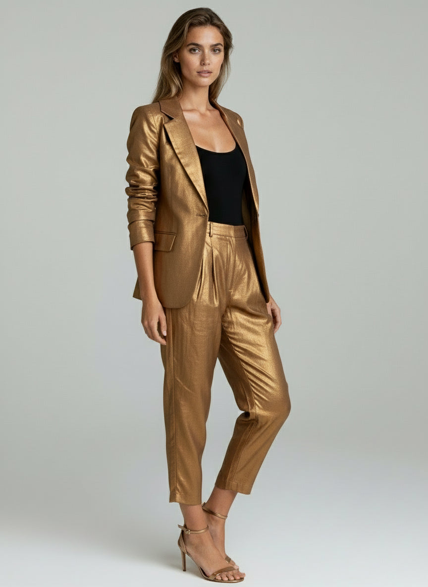 Women Metallic Gold Blazer & Pant Co-Ord Set – Party & Formal Wear