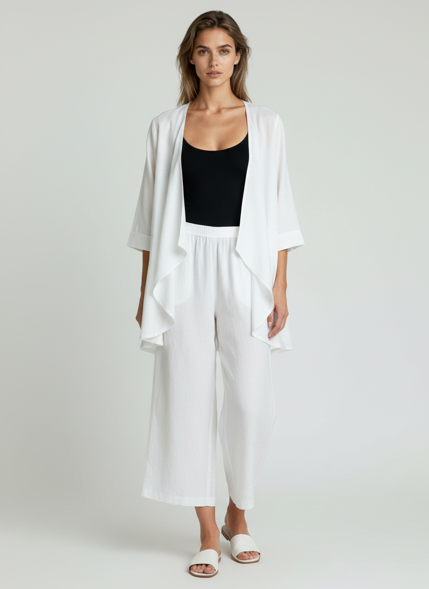 Elegant White Two-Piece Set with Sheer Shrug & Relaxed Fit Pants for Women