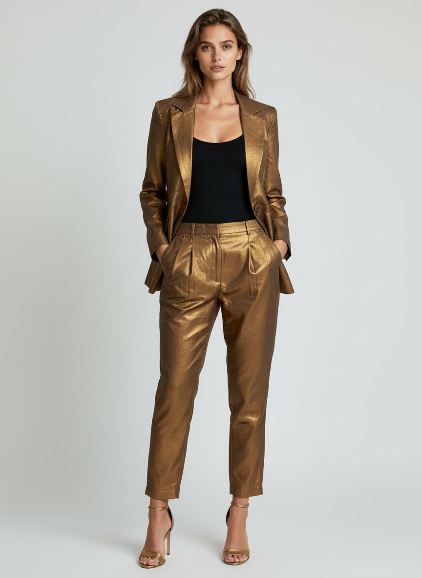Women Metallic Gold Blazer & Pant Co-Ord Set – Party & Formal Wear