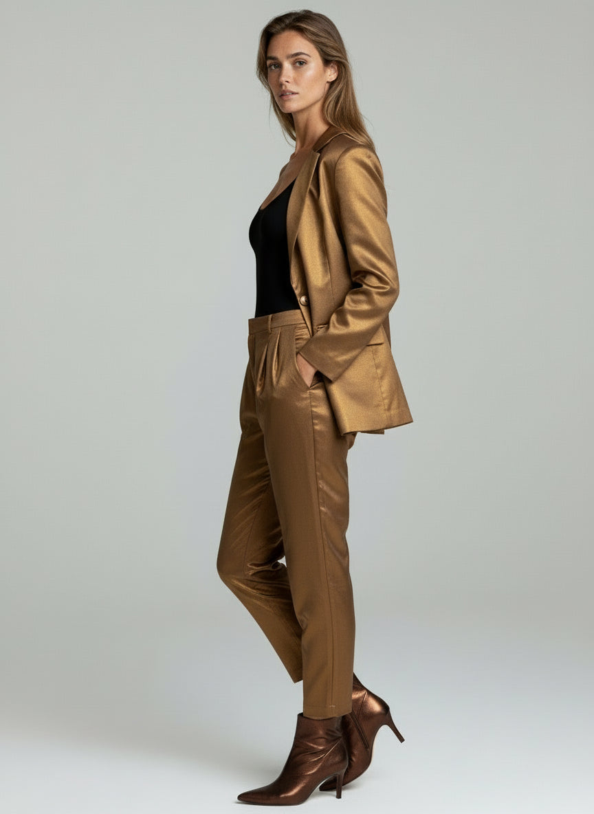 Women Metallic Gold Blazer & Pant Co-Ord Set – Party & Formal Wear