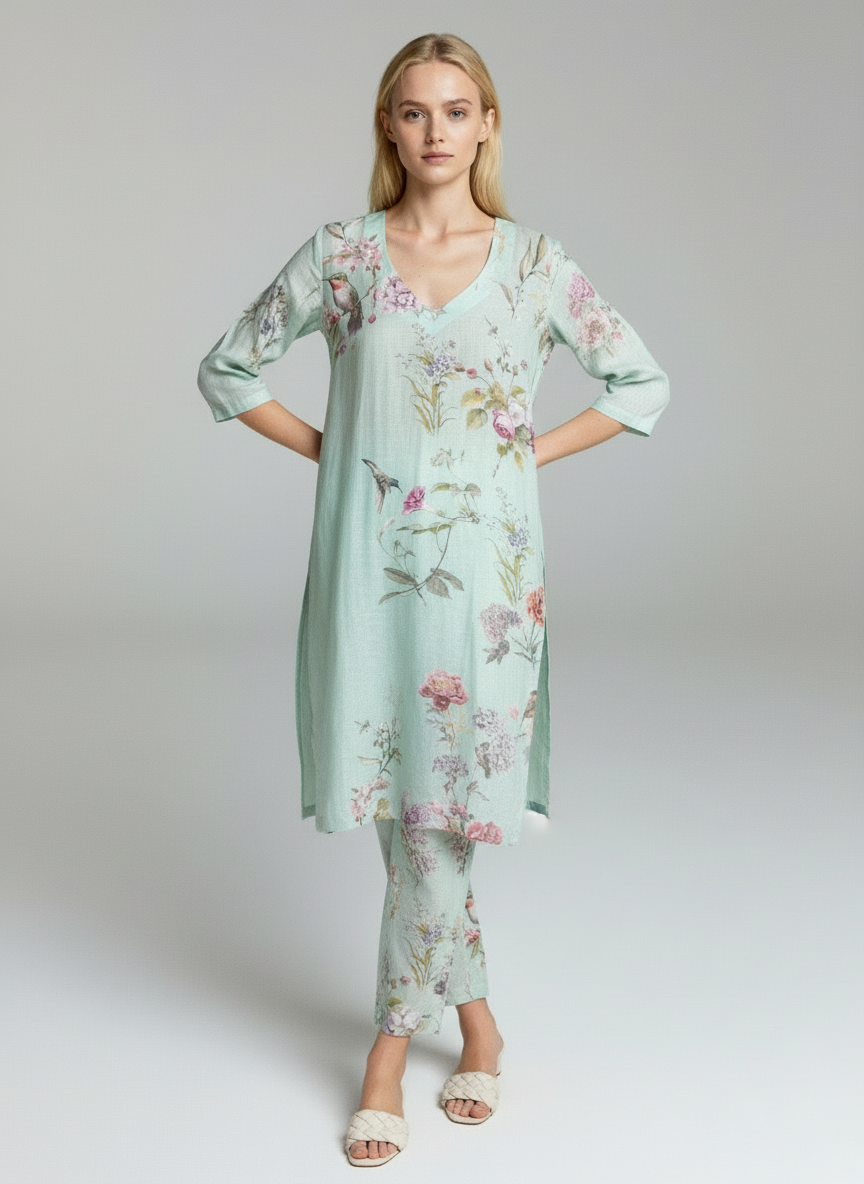 Women Mint Green Floral Printed Kurta Pant Set | Elegant Summer Ethnic Wear