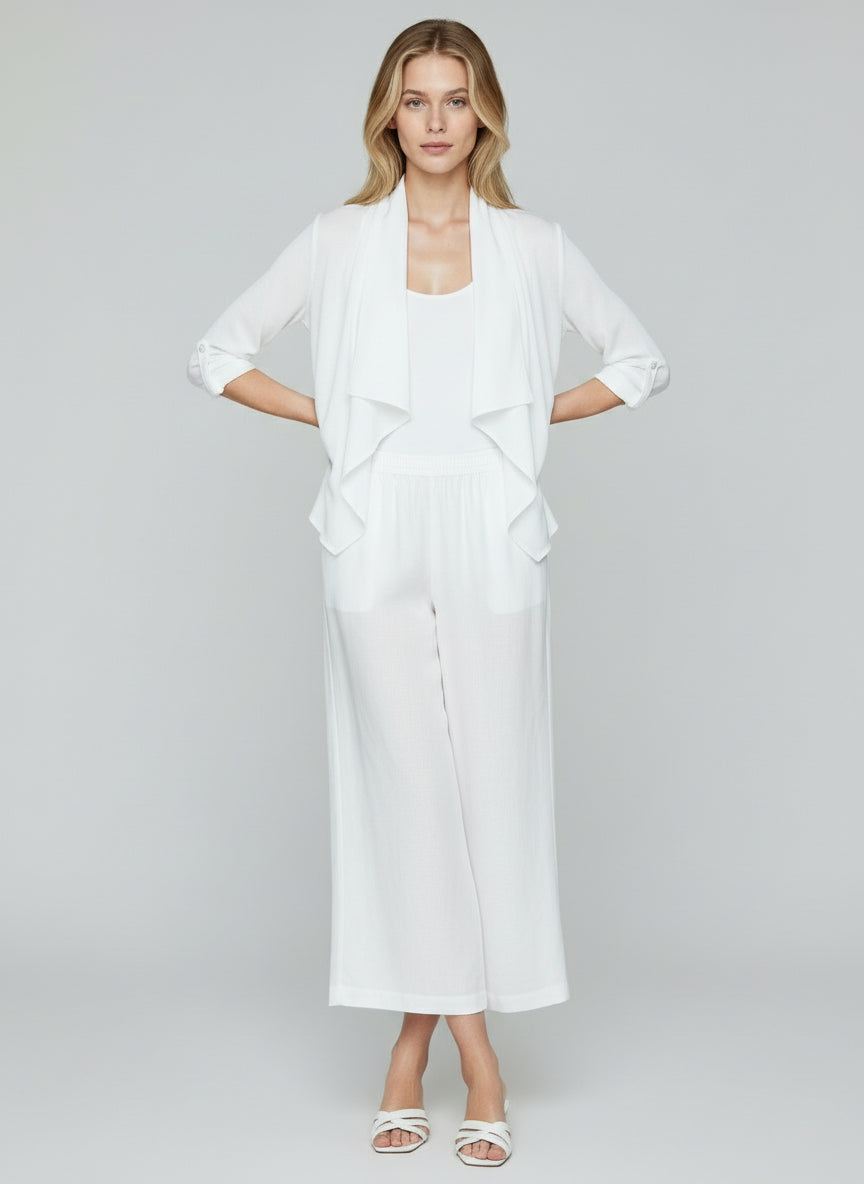 Elegant White Two-Piece Set with Sheer Shrug & Relaxed Fit Pants for Women