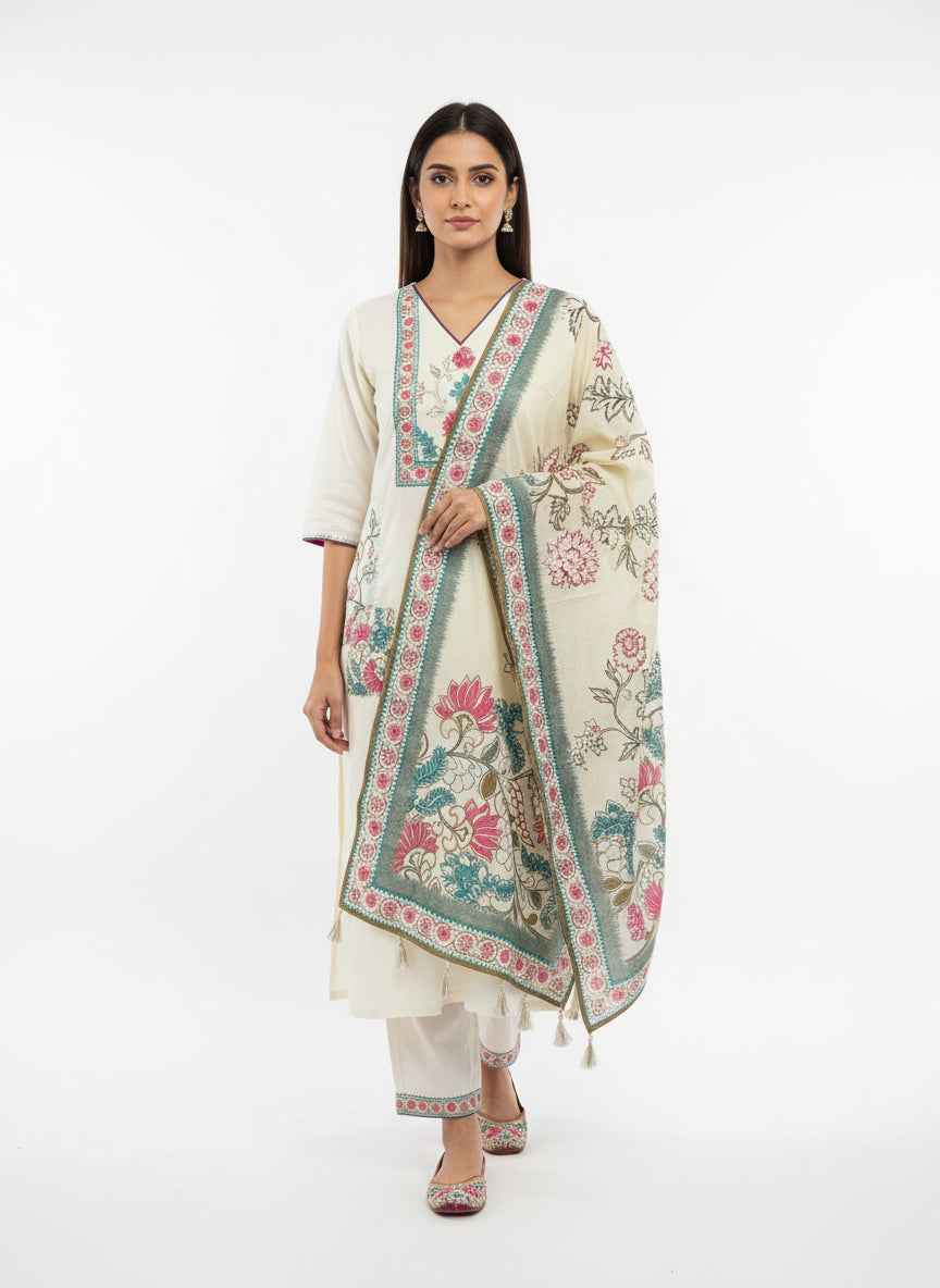 Elegant Cream Floral Printed Cotton Kurta Set with Dupatta for Women | Ethnic Wear 3-Piece Suit