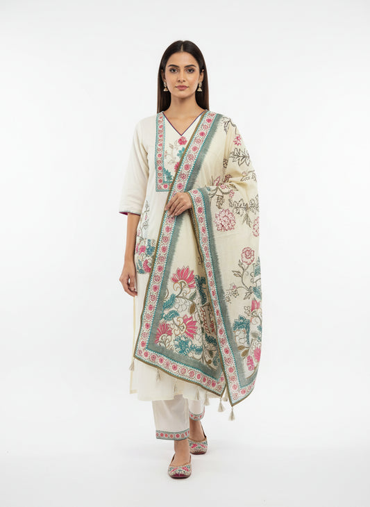 Elegant Cream Floral Printed Cotton Kurta Set with Dupatta for Women | Ethnic Wear 3-Piece Suit