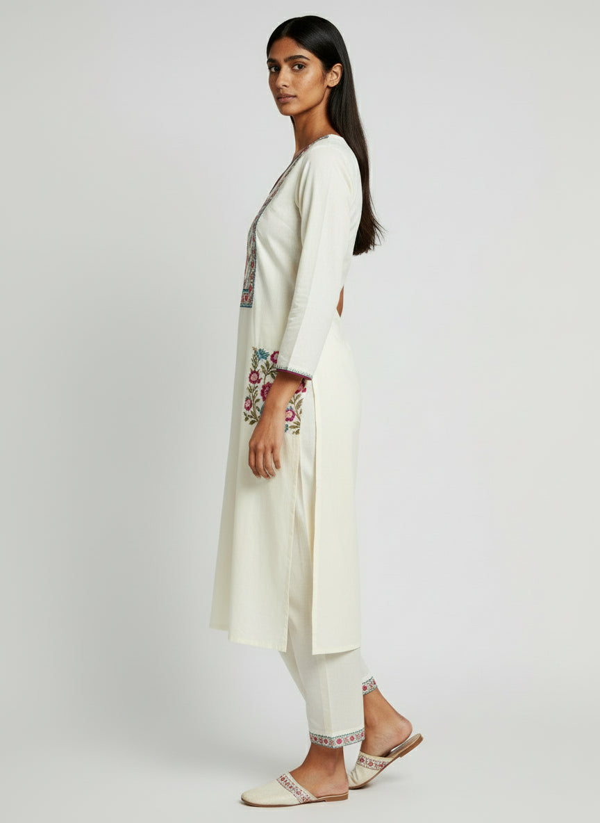 Elegant Cream Floral Printed Cotton Kurta Set with Dupatta for Women | Ethnic Wear 3-Piece Suit