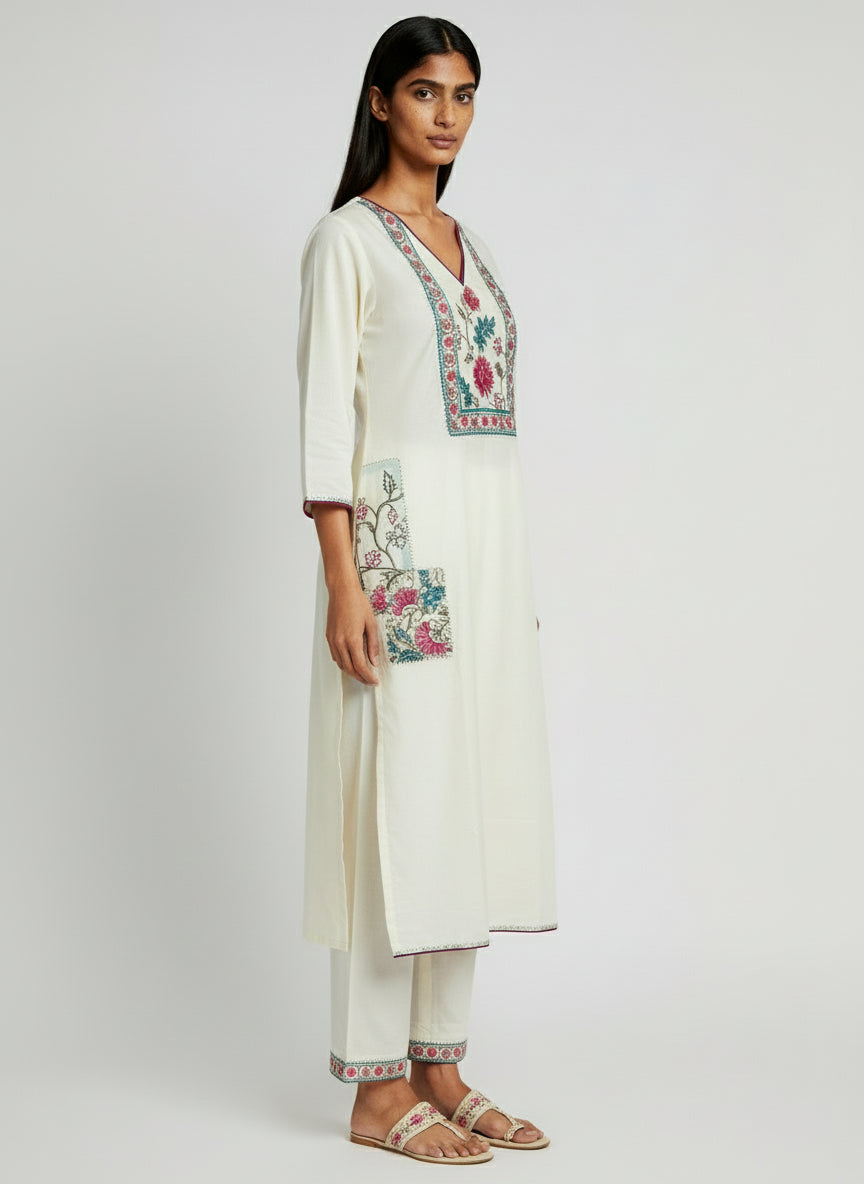 Elegant Cream Floral Printed Cotton Kurta Set with Dupatta for Women | Ethnic Wear 3-Piece Suit