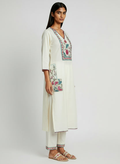 Elegant Cream Floral Printed Cotton Kurta Set with Dupatta for Women | Ethnic Wear 3-Piece Suit