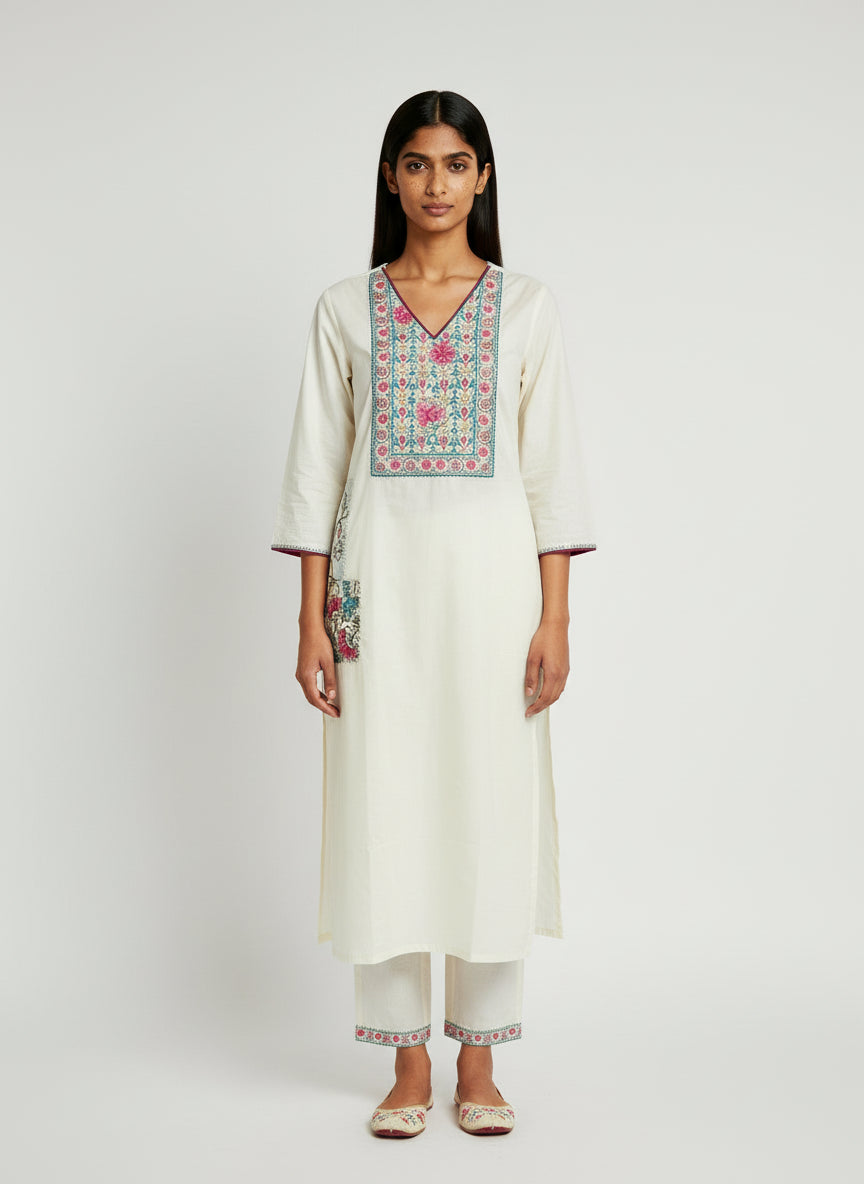 Elegant Cream Floral Printed Cotton Kurta Set with Dupatta for Women | Ethnic Wear 3-Piece Suit