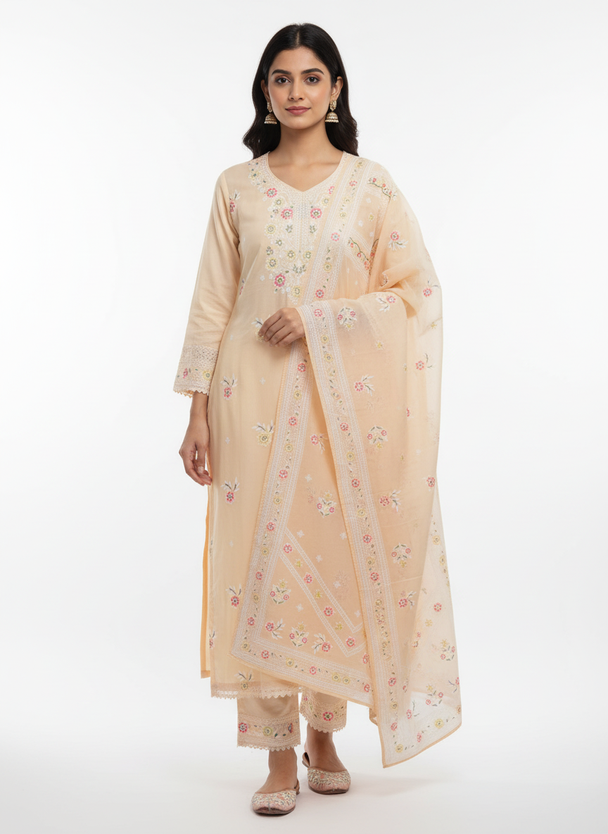 Elegant Peach Cotton Embroidered Kurta Set with Dupatta for Women