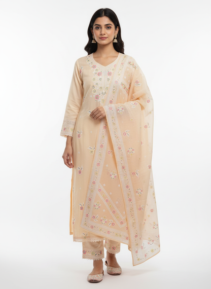 Elegant Peach Cotton Embroidered Kurta Set with Dupatta for Women