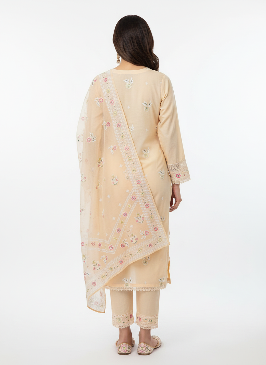 Elegant Peach Cotton Embroidered Kurta Set with Dupatta for Women
