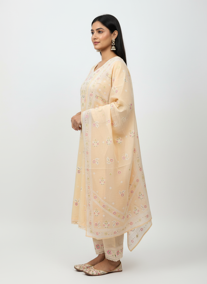 Elegant Peach Cotton Embroidered Kurta Set with Dupatta for Women