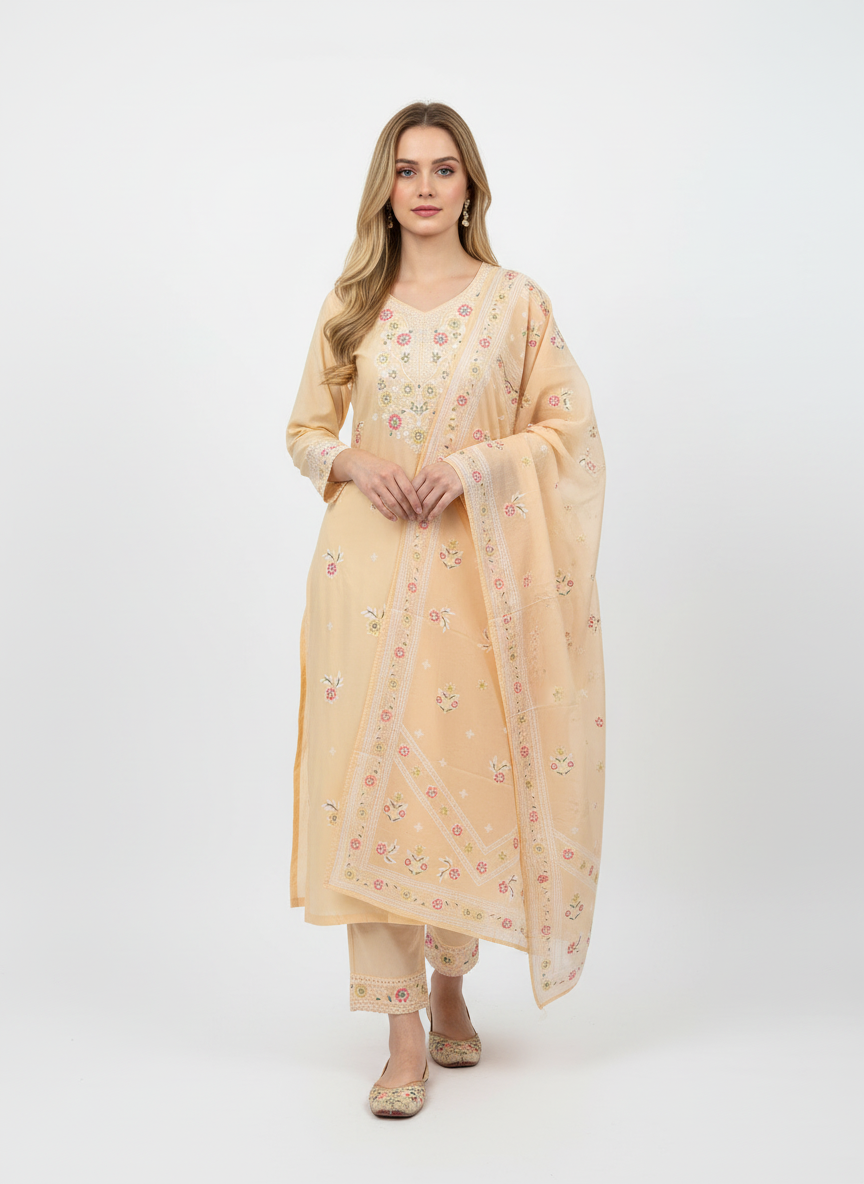 Elegant Peach Cotton Embroidered Kurta Set with Dupatta for Women