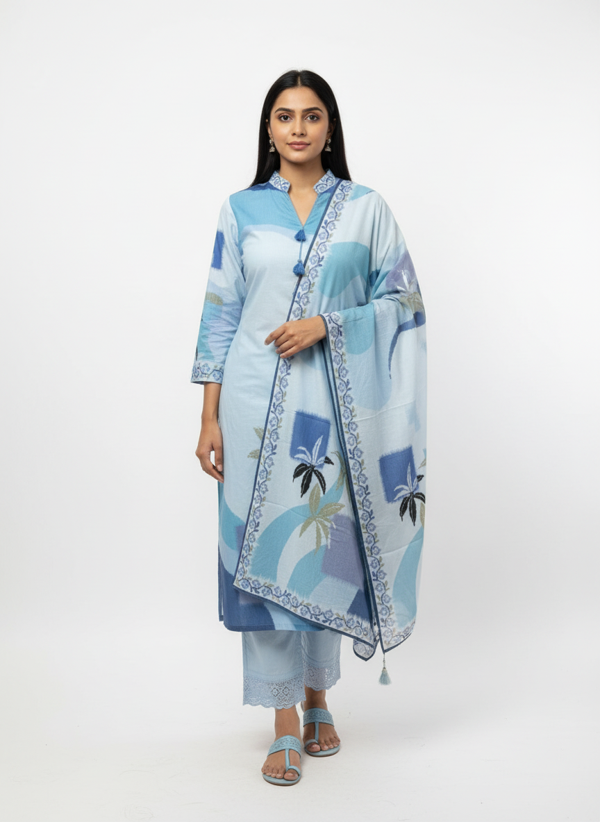 Women’s Sky Blue Printed Cotton Kurta Set with Dupatta | Elegant Ethnic Wear