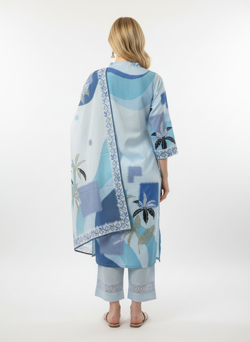 Women’s Sky Blue Printed Cotton Kurta Set with Dupatta | Elegant Ethnic Wear