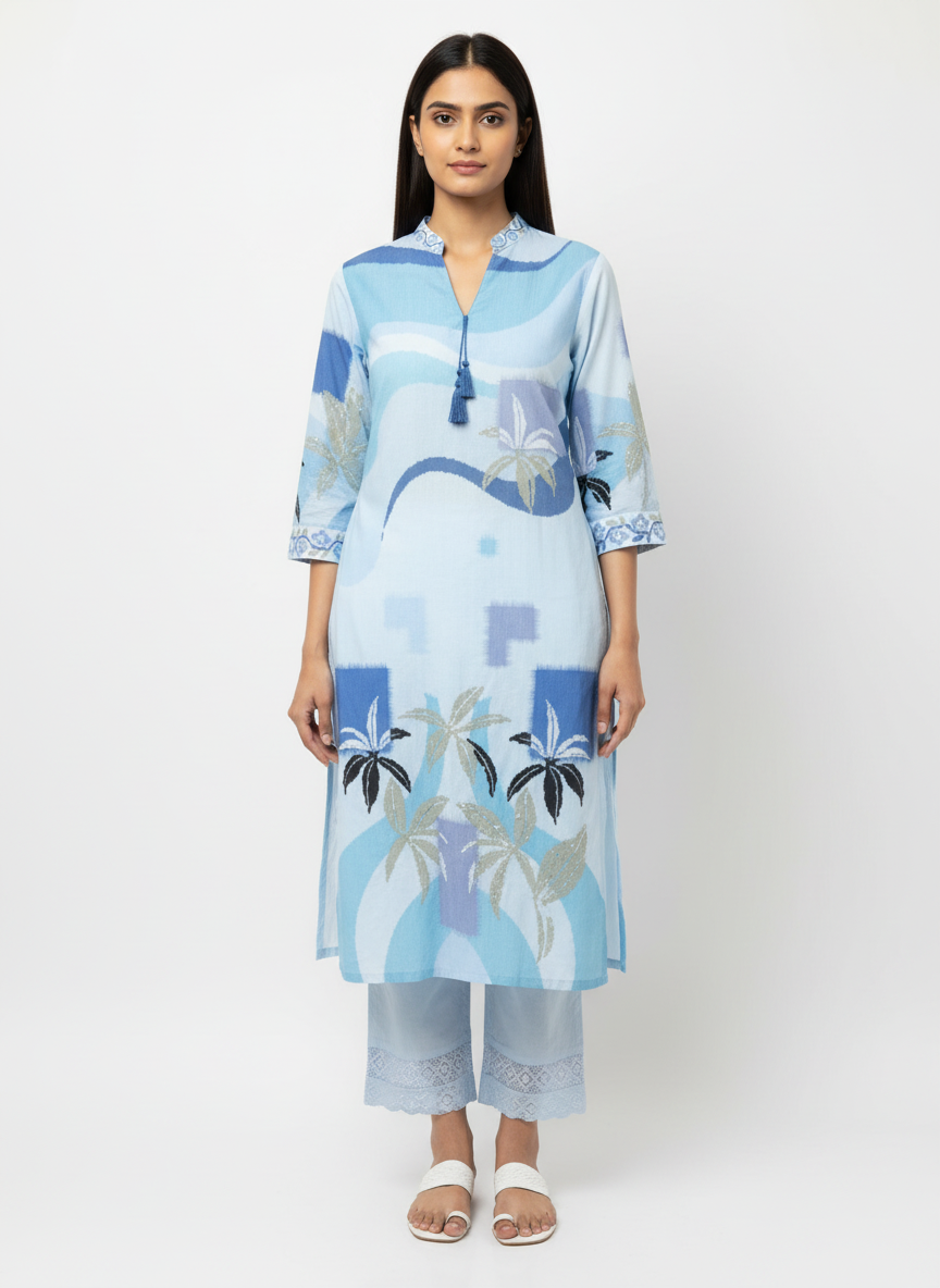 Women’s Sky Blue Printed Cotton Kurta Set with Dupatta | Elegant Ethnic Wear