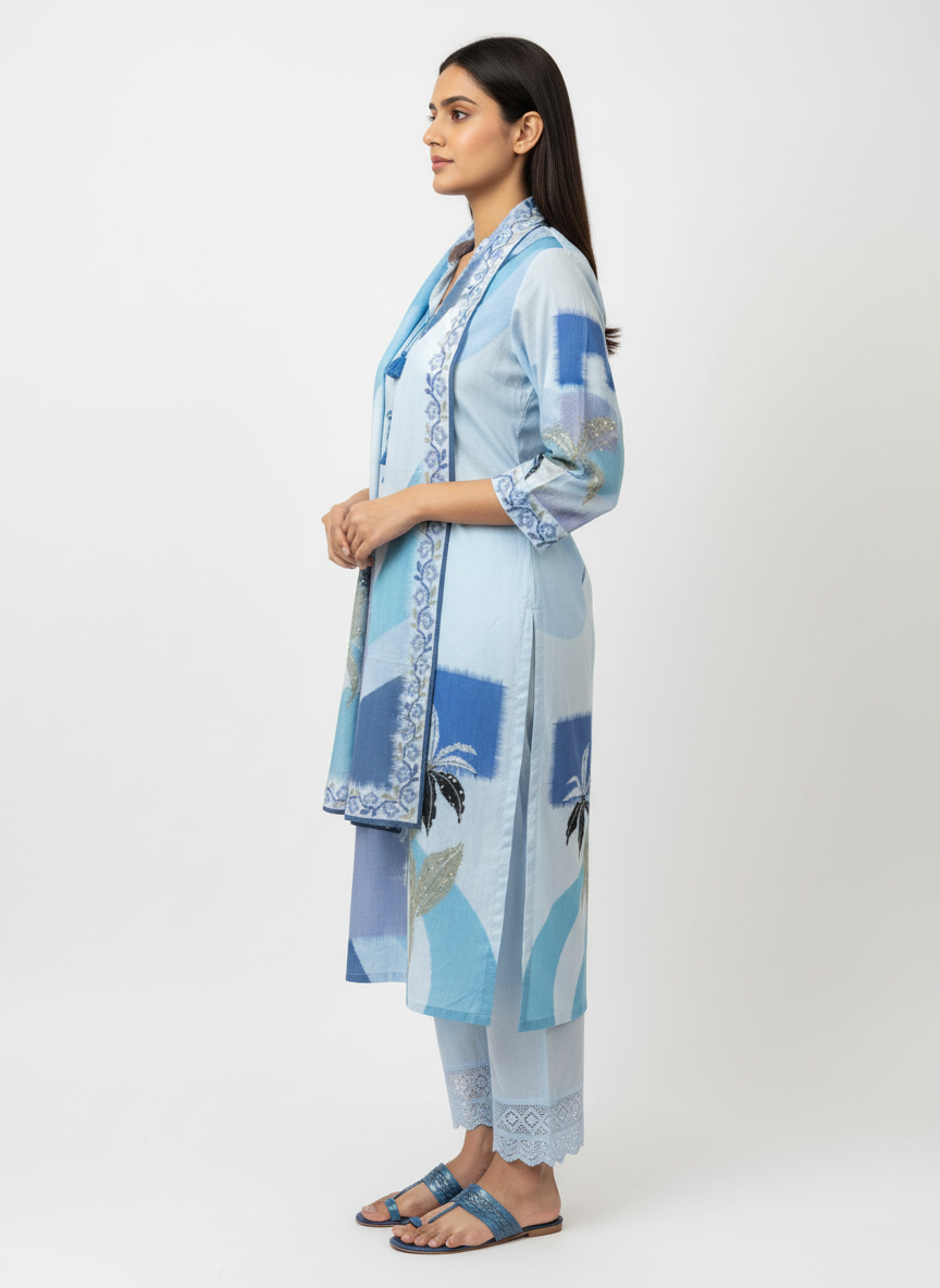 Women’s Sky Blue Printed Cotton Kurta Set with Dupatta | Elegant Ethnic Wear