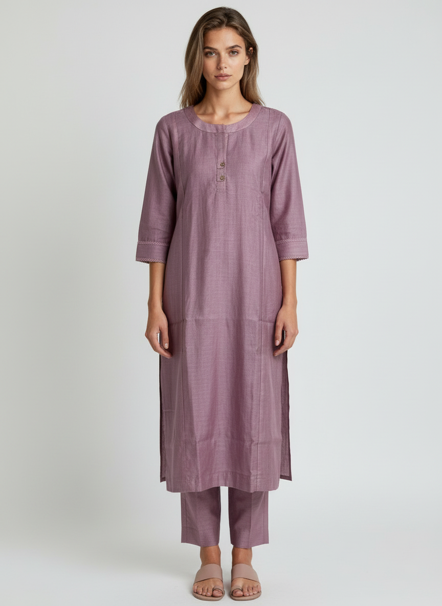Laqayara Women Mauve Cotton Straight Kurta Set with 3/4 Sleeves – Elegant Daily Wear Outfit