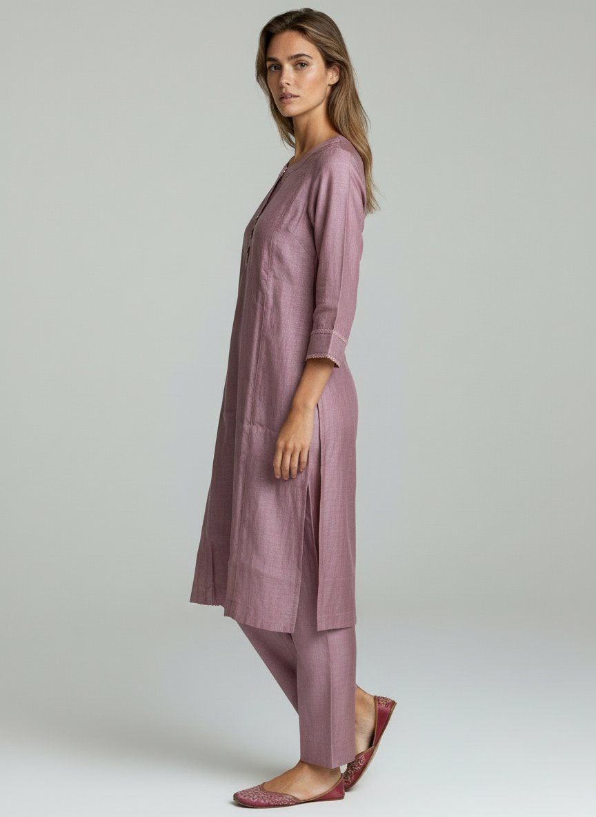 Laqayara Women Mauve Cotton Straight Kurta Set with 3/4 Sleeves – Elegant Daily Wear Outfit