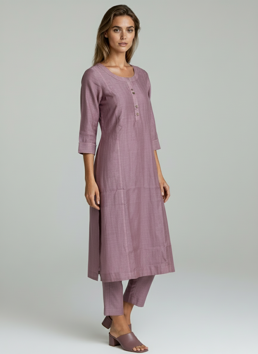 Laqayara Women Mauve Cotton Straight Kurta Set with 3/4 Sleeves – Elegant Daily Wear Outfit
