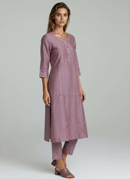 Laqayara Women Mauve Cotton Straight Kurta Set with 3/4 Sleeves – Elegant Daily Wear Outfit