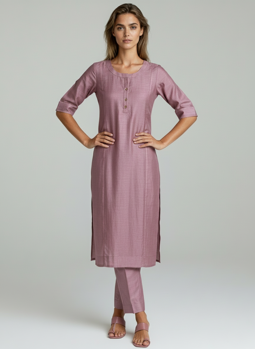 Laqayara Women Mauve Cotton Straight Kurta Set with 3/4 Sleeves – Elegant Daily Wear Outfit