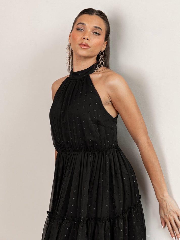 Elegant Black Halter Neck Party Dress for Women – Sleeveless Flowy Evening Gown