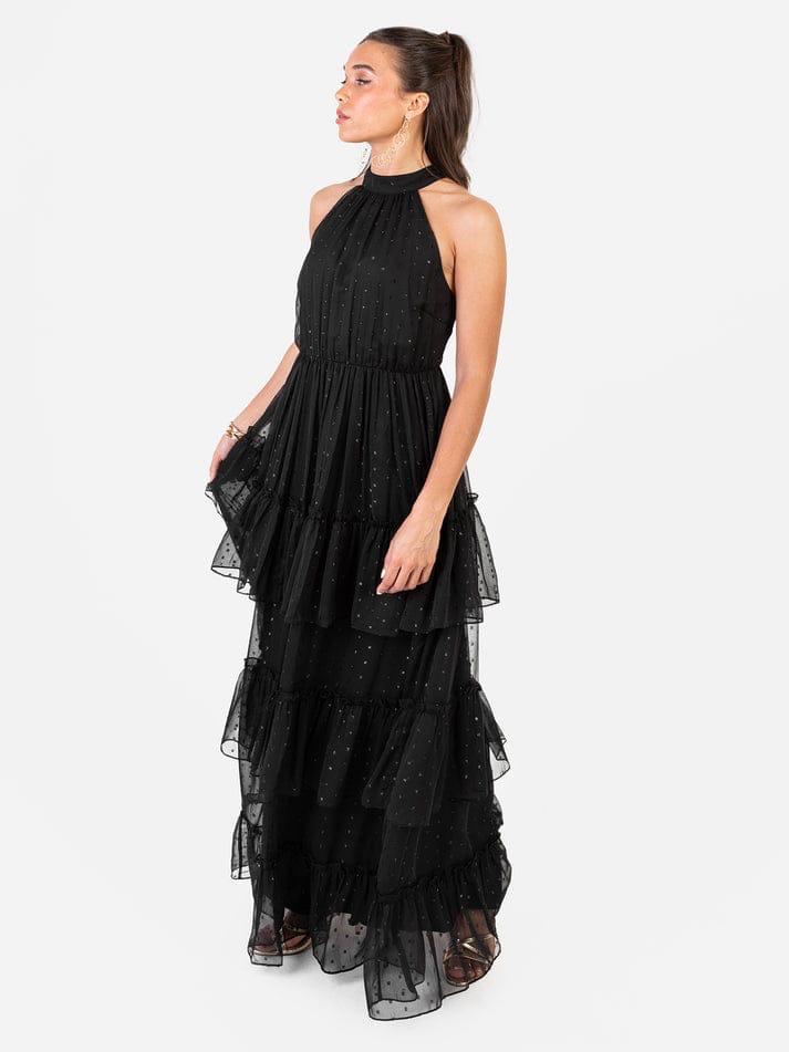 Elegant Black Halter Neck Party Dress for Women – Sleeveless Flowy Evening Gown