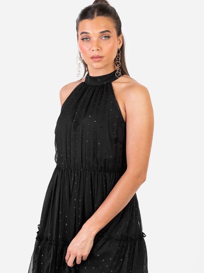 Elegant Black Halter Neck Party Dress for Women – Sleeveless Flowy Evening Gown