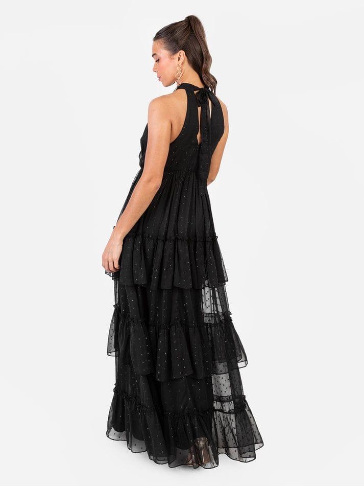 Elegant Black Halter Neck Party Dress for Women – Sleeveless Flowy Evening Gown