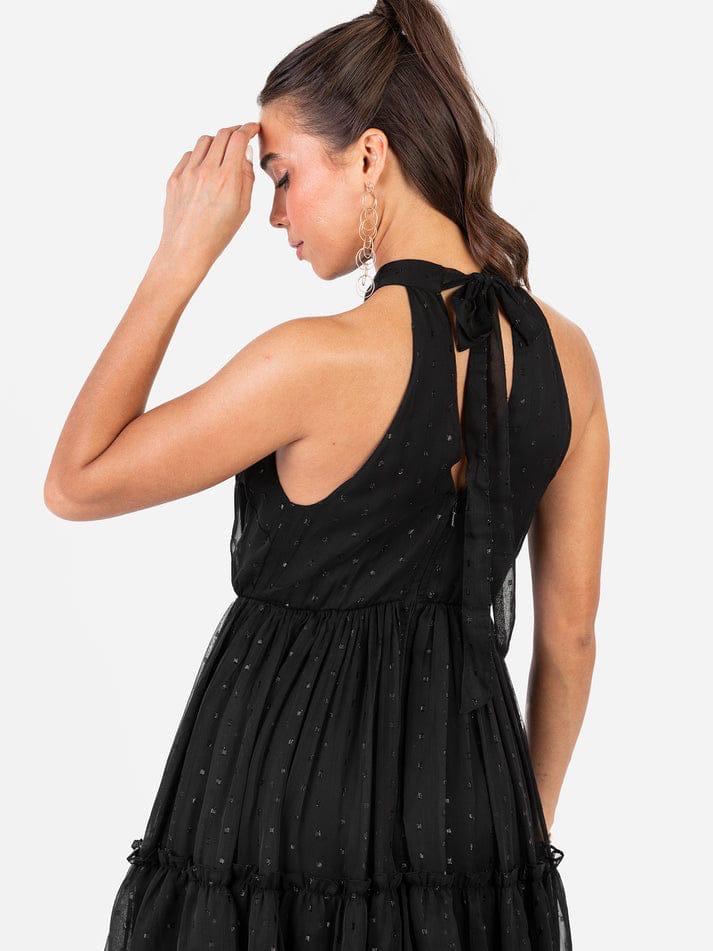 Elegant Black Halter Neck Party Dress for Women – Sleeveless Flowy Evening Gown