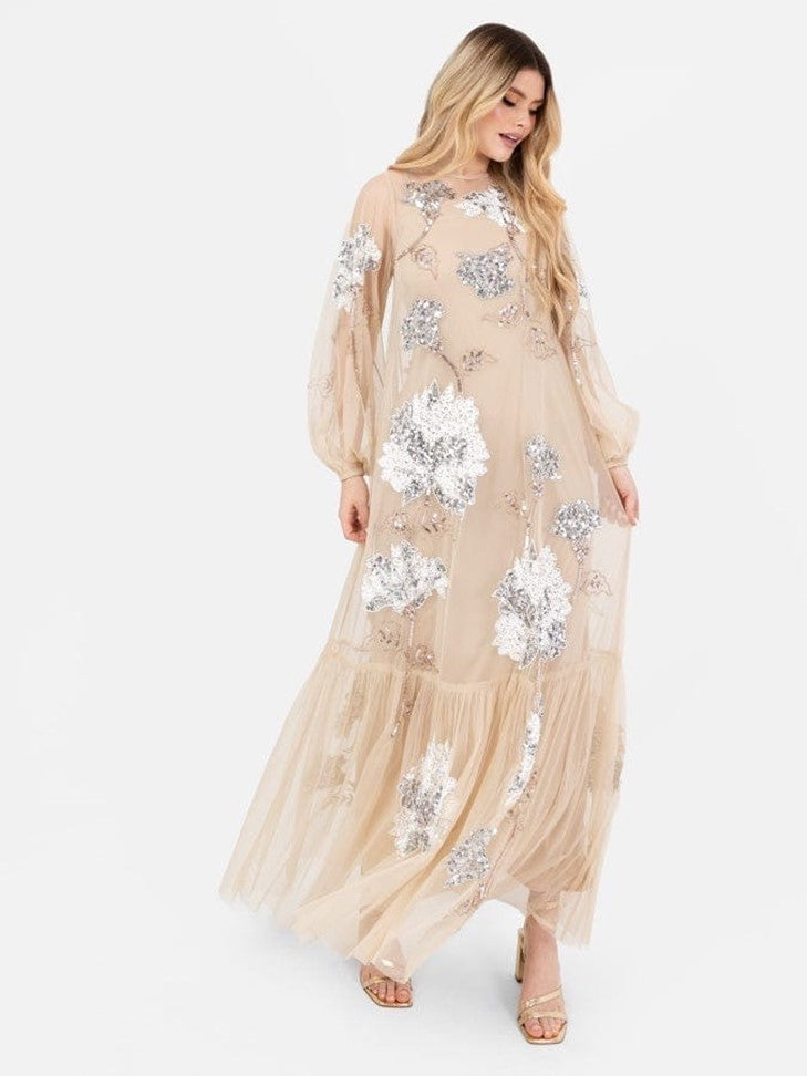 Women’s Beige Floral Embroidered Net Maxi Dress | Elegant Party Wear Gown
