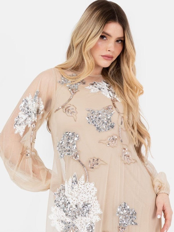 Women’s Beige Floral Embroidered Net Maxi Dress | Elegant Party Wear Gown