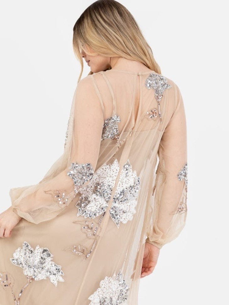 Women’s Beige Floral Embroidered Net Maxi Dress | Elegant Party Wear Gown