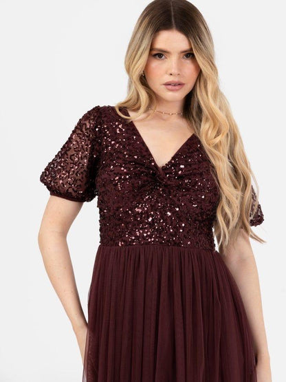 Elegant Burgundy Sequin Maxi Dress for Women – Party & Evening Wear