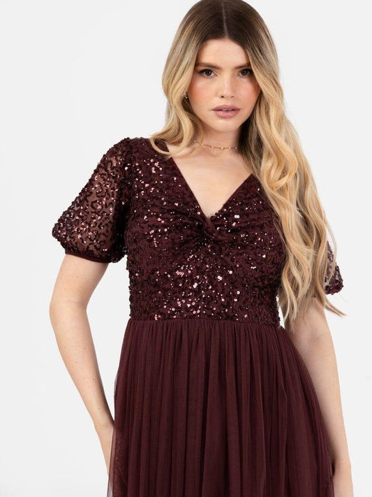 Elegant Burgundy Sequin Maxi Dress for Women – Party & Evening Wear