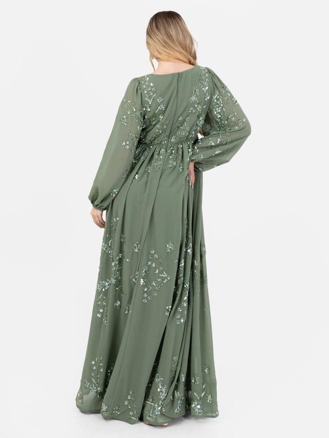Elegant Sage Green Embroidered Maxi Dress for Women – V-Neck Long Sleeve Party Wear Gown