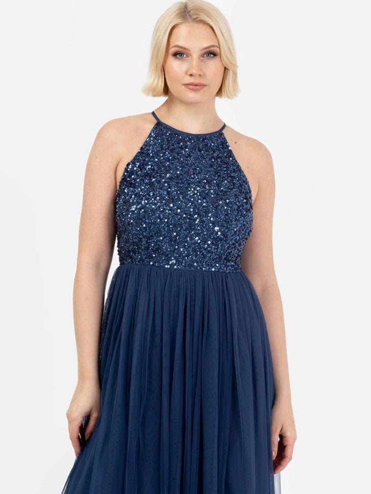 Elegant Navy Blue Sequin Evening Gown for Women – Sleeveless Party Maxi Dress