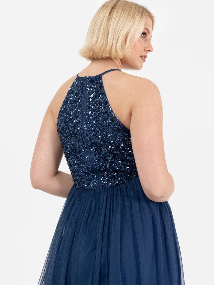 Elegant Navy Blue Sequin Evening Gown for Women – Sleeveless Party Maxi Dress