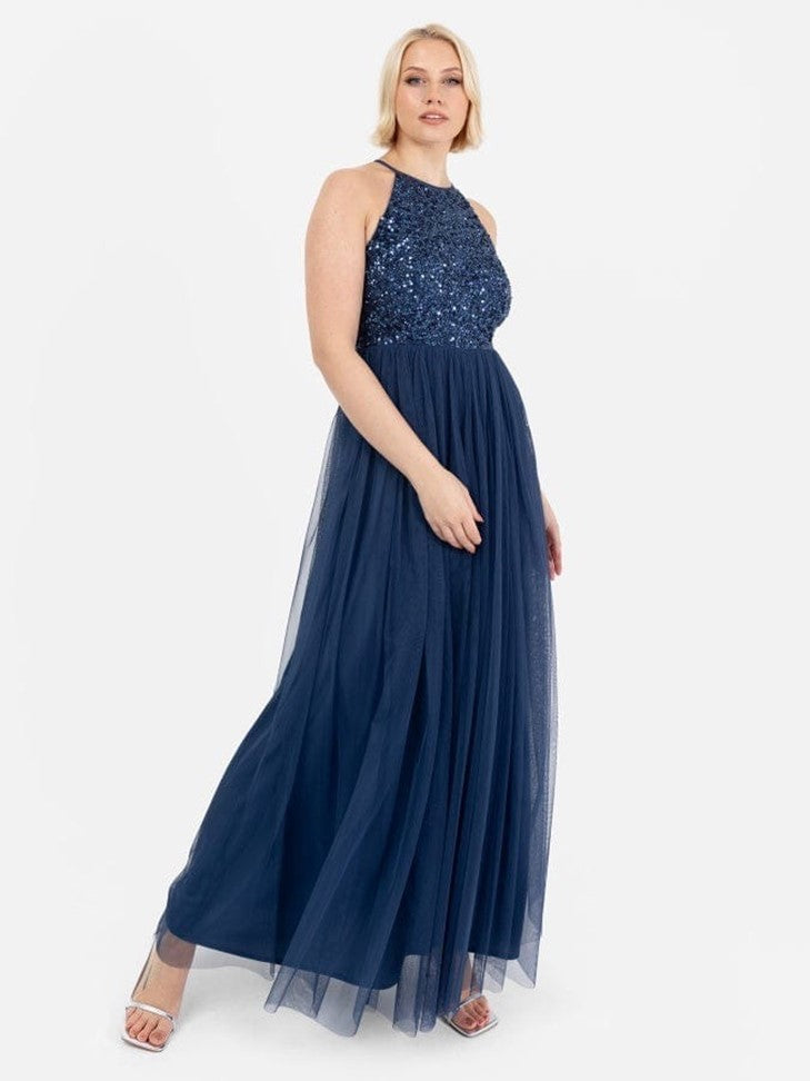 Elegant Navy Blue Sequin Evening Gown for Women – Sleeveless Party Maxi Dress