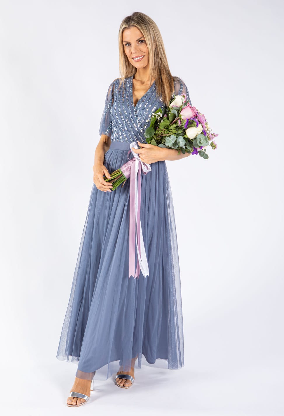 Dusty Blue Sequin Maxi Dress – Elegant V-Neck Tulle Evening Gown for Women