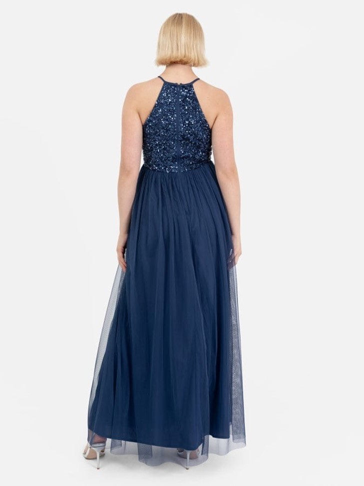 Elegant Navy Blue Sequin Evening Gown for Women – Sleeveless Party Maxi Dress
