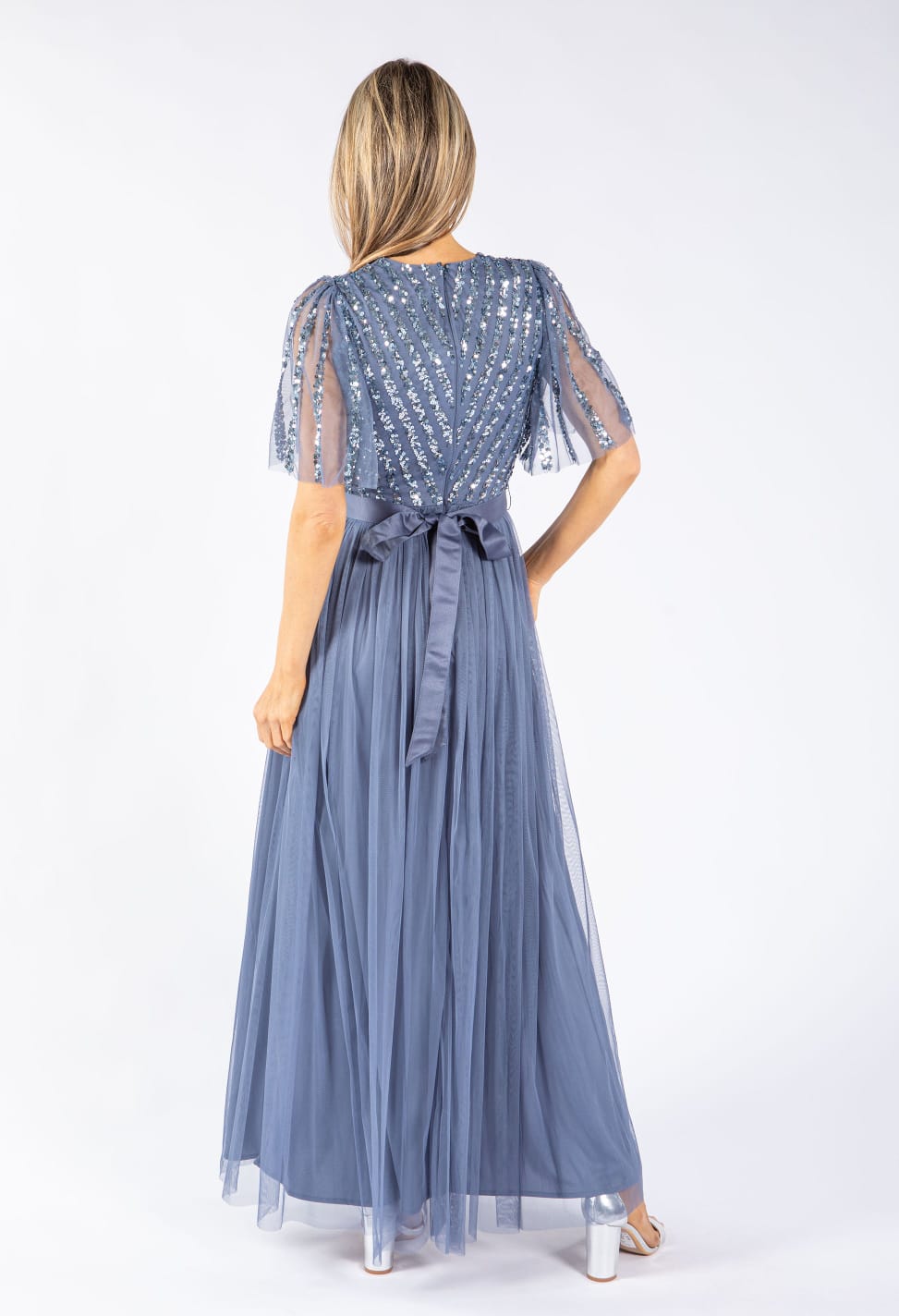 Dusty Blue Sequin Maxi Dress – Elegant V-Neck Tulle Evening Gown for Women