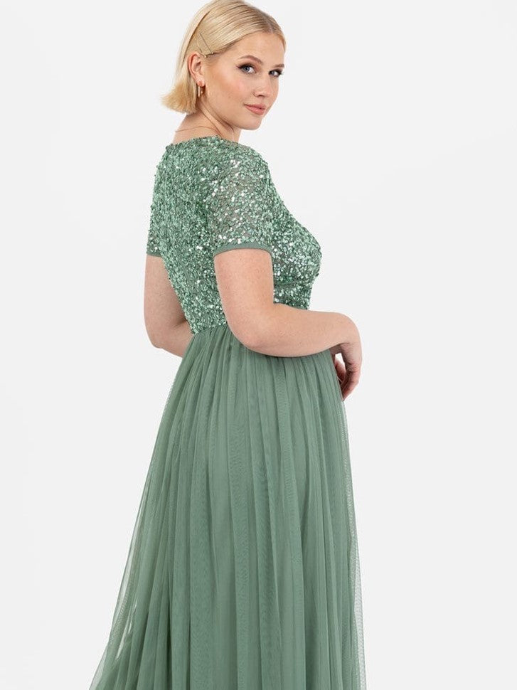 Elegant Sage Green Sequin Bodice Maxi Dress – V-Neck Party & Evening Gown for Women