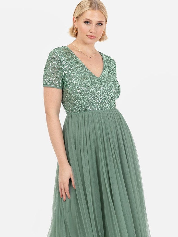 Elegant Sage Green Sequin Bodice Maxi Dress – V-Neck Party & Evening Gown for Women