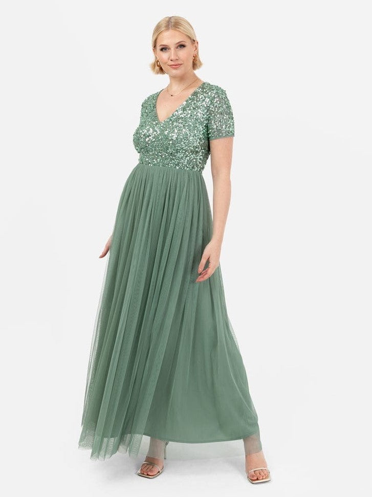Elegant Sage Green Sequin Bodice Maxi Dress – V-Neck Party & Evening Gown for Women