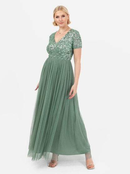 Elegant Sage Green Sequin Bodice Maxi Dress – V-Neck Party & Evening Gown for Women