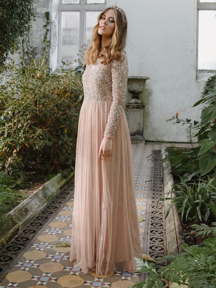 Elegant Champagne Sequin Maxi Dress – Long Sleeve Royal Evening Gown