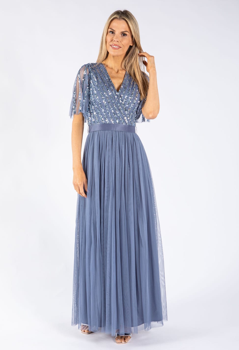 Dusty Blue Sequin Maxi Dress – Elegant V-Neck Tulle Evening Gown for Women